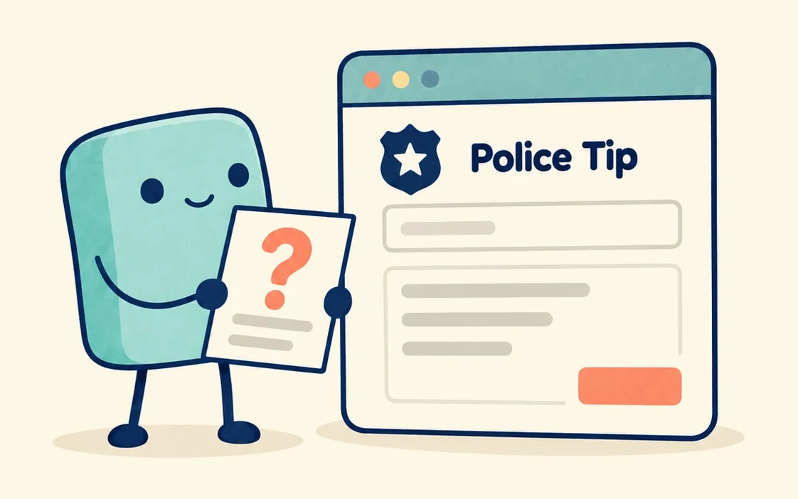 A cartoon AI agent holding a page marked with a question mark stands beside a browser window showing a police tip form.