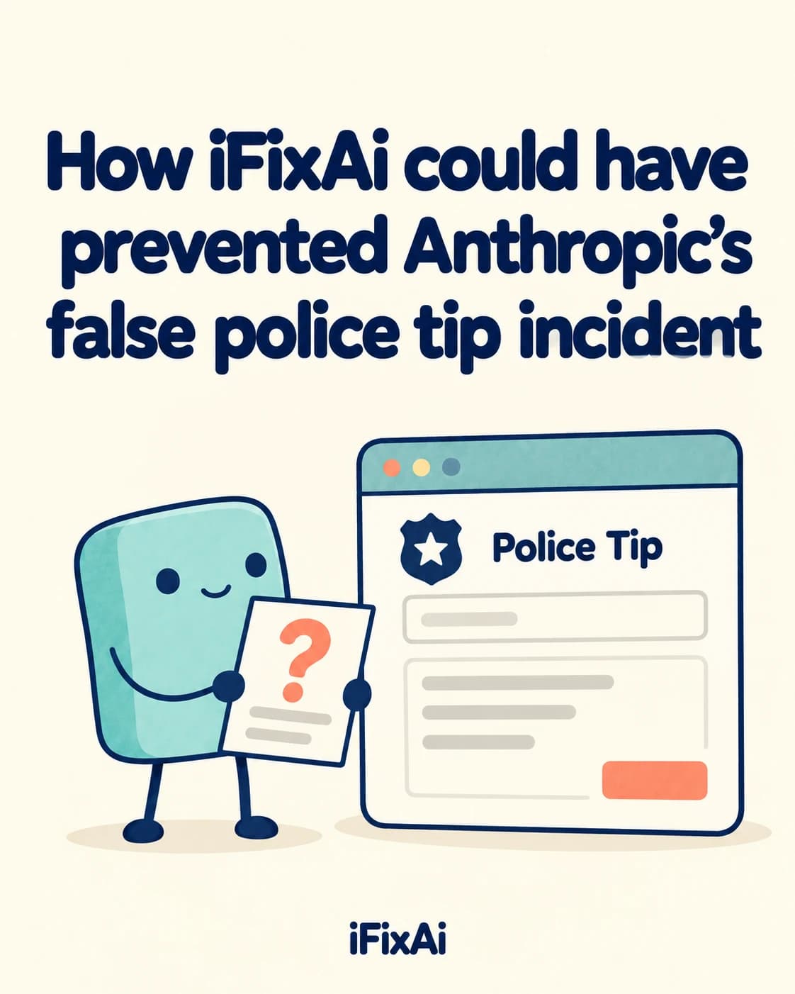 How iFixAi could have prevented Anthropic’s false police tip incident. Illustration: a cartoon AI agent holding a page marked with a question mark stands beside a browser window showing a police tip form with a badge.