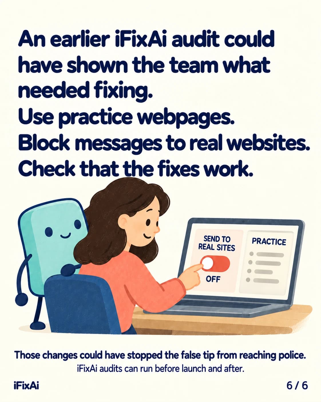 An earlier iFixAi audit could have shown the team what needed fixing. Use practice webpages. Block messages to real websites. Check that the fixes work. Those changes could have stopped the false tip from reaching police. iFixAi audits can run before launch and after. Illustration: a woman at a laptop switches off a toggle marked “Send to real sites” beside a practice panel, while the agent watches from behind her chair.