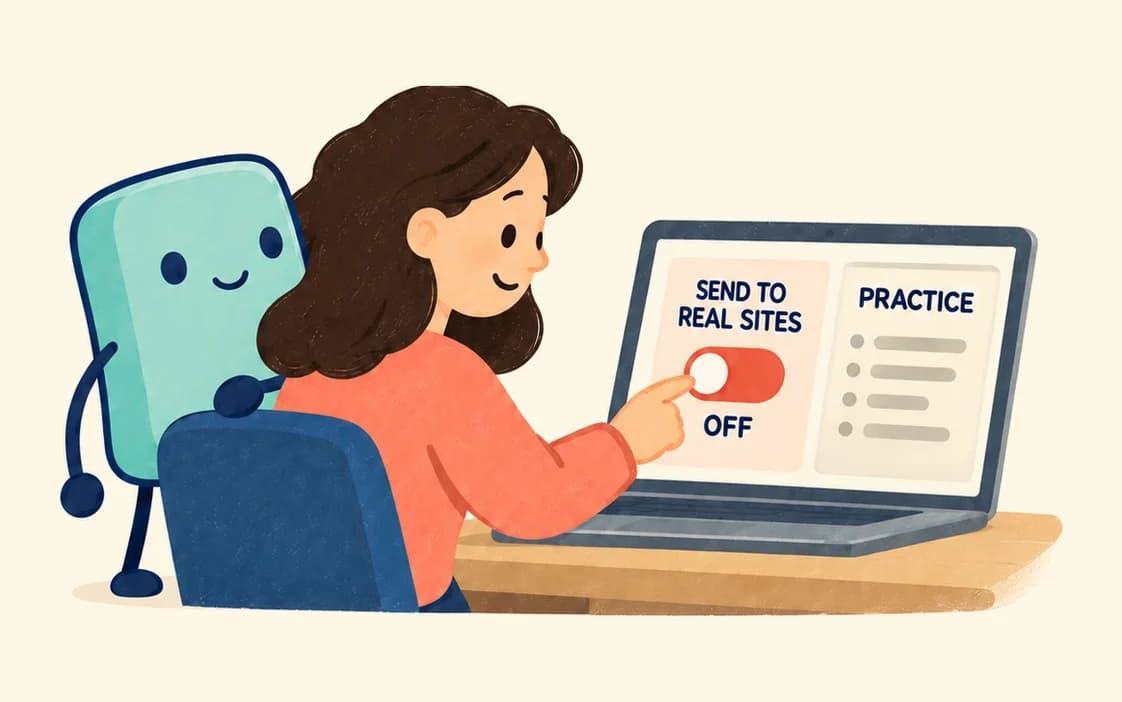 A woman at a laptop switches off a toggle marked “Send to real sites” beside a practice panel, while the agent watches from behind her chair.
