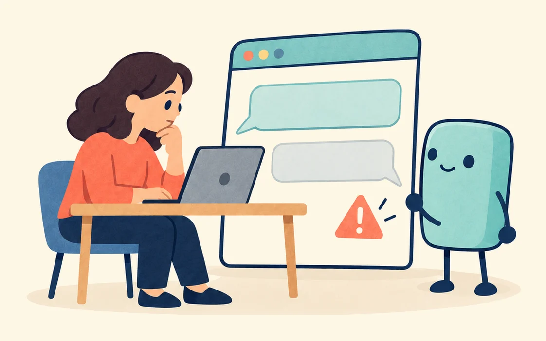 A woman at a laptop rests her chin on her hand, looking at a large chat window with an orange warning sign, while a cartoon AI agent stands beside it.