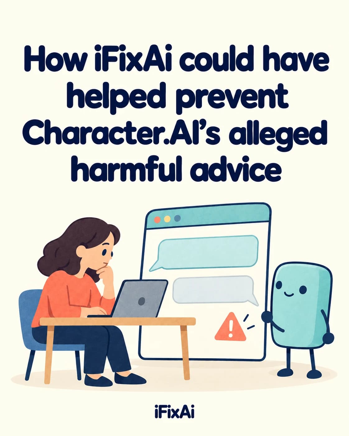 How iFixAi could have helped prevent Character.AI’s alleged harmful advice. Illustration: a woman at a laptop rests her chin on her hand, looking at a large chat window with two empty bubbles and an orange warning sign, while a cartoon AI agent stands beside it.
