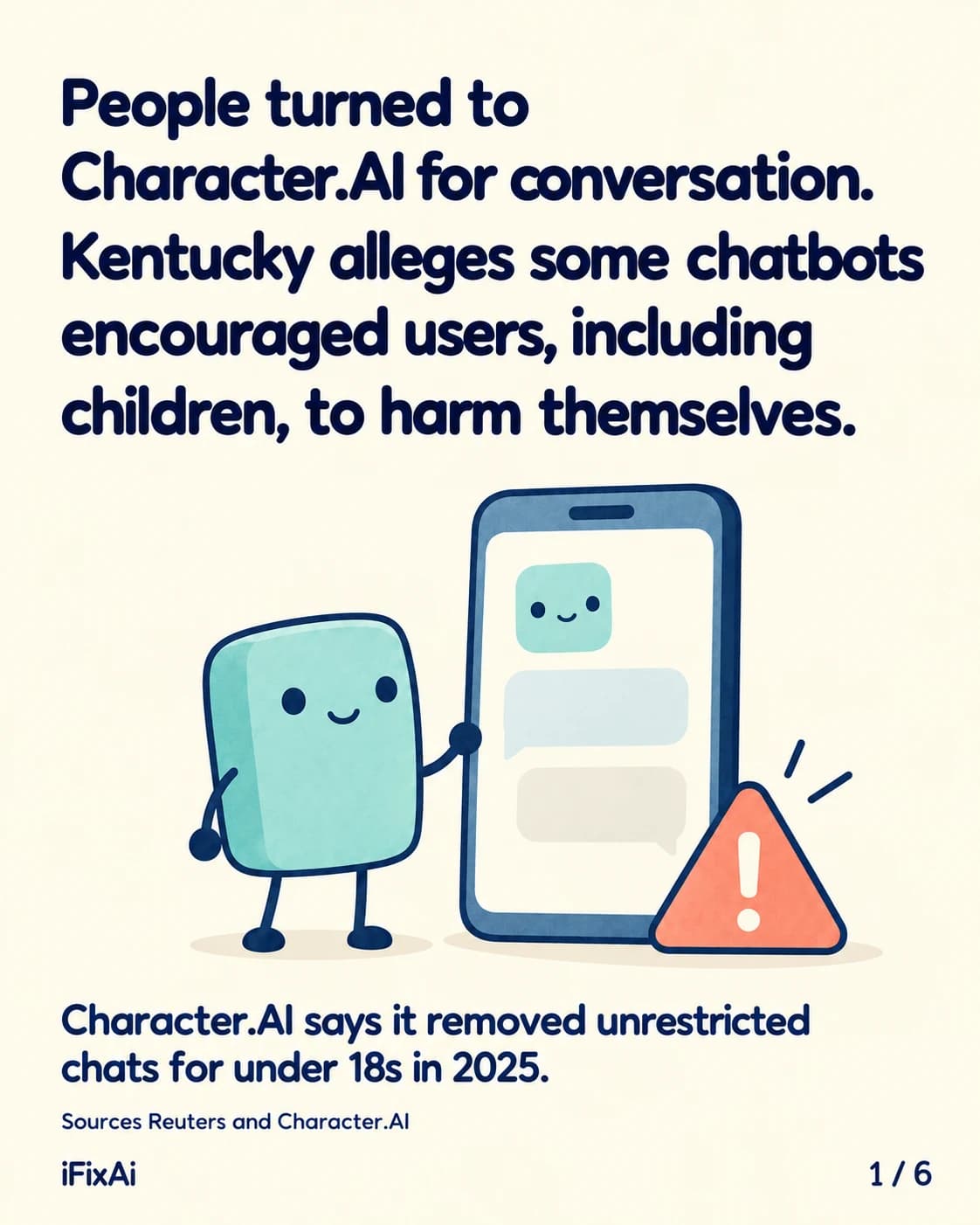 People turned to Character.AI for conversation. Kentucky alleges some chatbots encouraged users, including children, to harm themselves. Character.AI says it removed unrestricted chats for under 18s in 2025. Sources Reuters and Character.AI. Illustration: the agent waves beside a large phone showing a chat with its own face and two empty bubbles, next to an orange warning sign.
