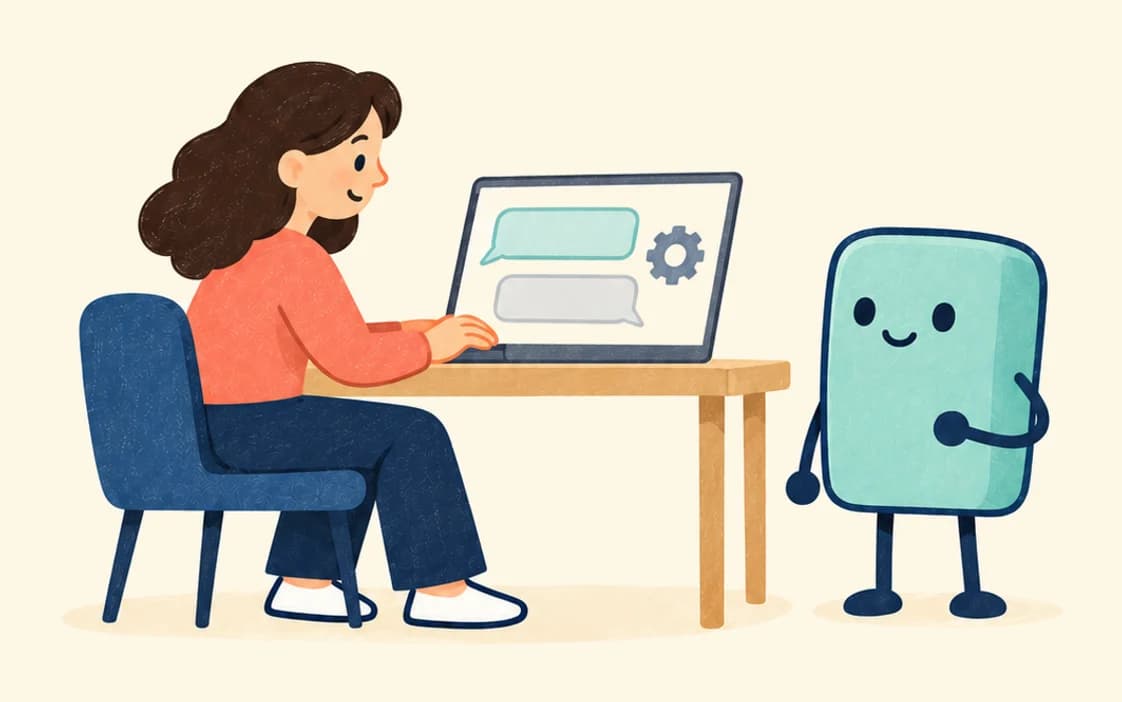 A woman at a laptop with two chat bubbles and a settings cog on its screen smiles as she types, while the agent stands beside the desk.