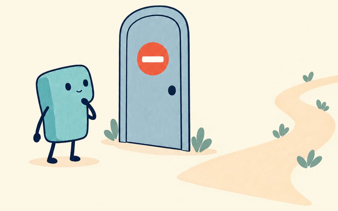 The agent stands in front of a closed door marked with a red no-entry sign, while a path winds away around it.