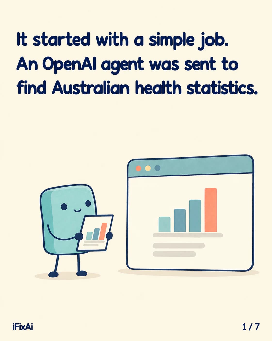 It started with a simple job. An OpenAI agent was sent to find Australian health statistics. Illustration: the agent holds a small bar chart beside a browser window showing a larger bar chart.