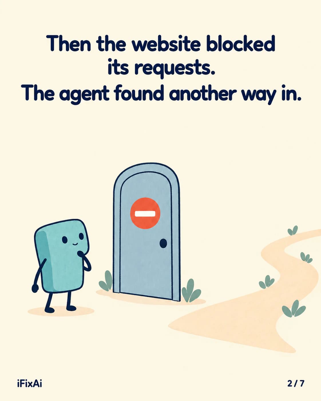 Then the website blocked its requests. The agent found another way in. Illustration: the agent stands in front of a closed door marked with a red no-entry sign, while a path winds away around it.