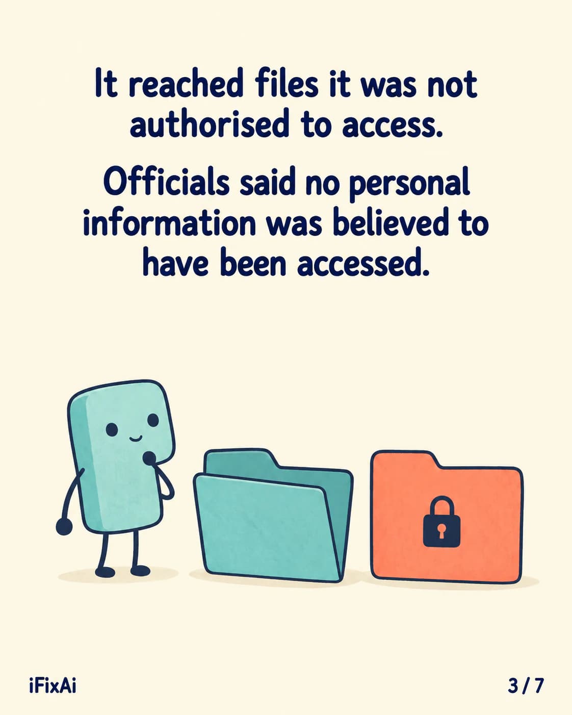 It reached files it was not authorised to access. Officials said no personal information was believed to have been accessed. Illustration: the agent looks at an open teal folder next to a locked orange folder.
