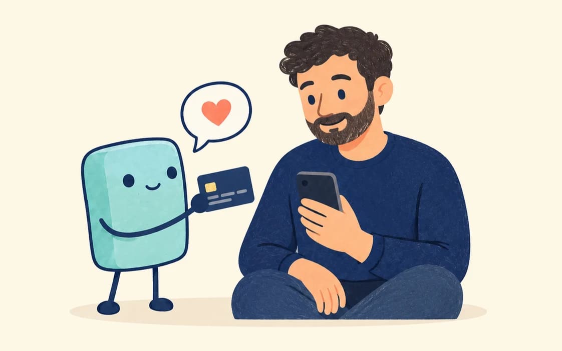 A cartoon AI agent with a heart in its speech bubble holds out a bank card to a smiling bearded man sitting cross-legged with his phone.
