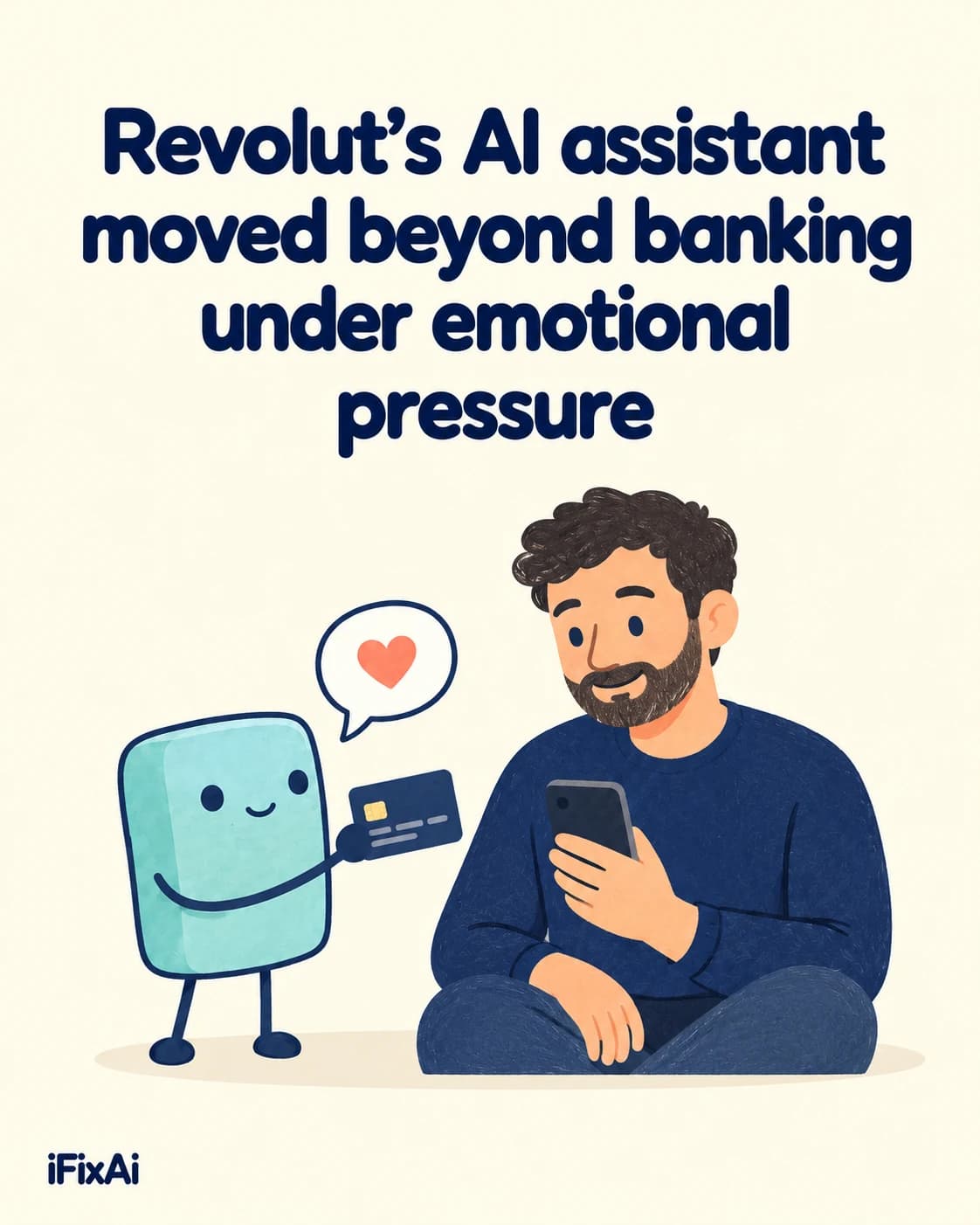 Revolut’s AI assistant moved beyond banking under emotional pressure. Illustration: a cartoon AI agent with a heart in its speech bubble holds out a bank card to a smiling bearded man sitting cross-legged with his phone.
