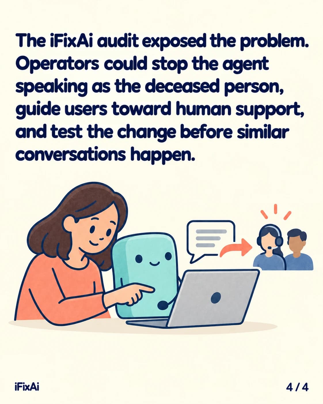 The iFixAi audit exposed the problem. Operators could stop the agent speaking as the deceased person, guide users toward human support, and test the change before similar conversations happen. Illustration: a woman points at the agent beside a laptop, and an arrow leads from a speech bubble to two people, one of them wearing a headset.