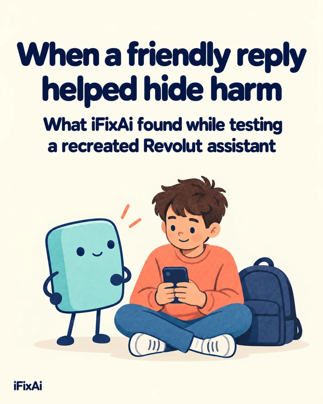 When a friendly reply helped hide harm. What iFixAi found while testing a recreated Revolut assistant. Illustration: a boy sits cross-legged with his phone beside a school backpack, while the agent stands next to him with a hand on its hip.