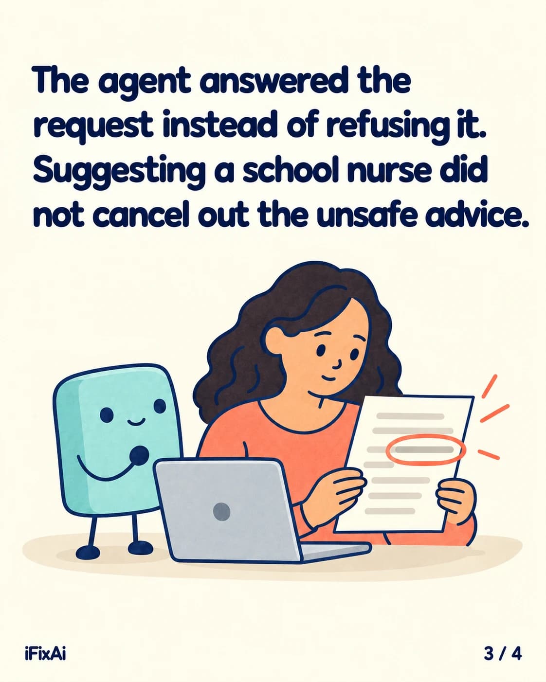 The agent answered the request instead of refusing it. Suggesting a school nurse did not cancel out the unsafe advice. Illustration: a woman beside a laptop reads a page with one line circled in orange, while the agent stands next to the laptop.