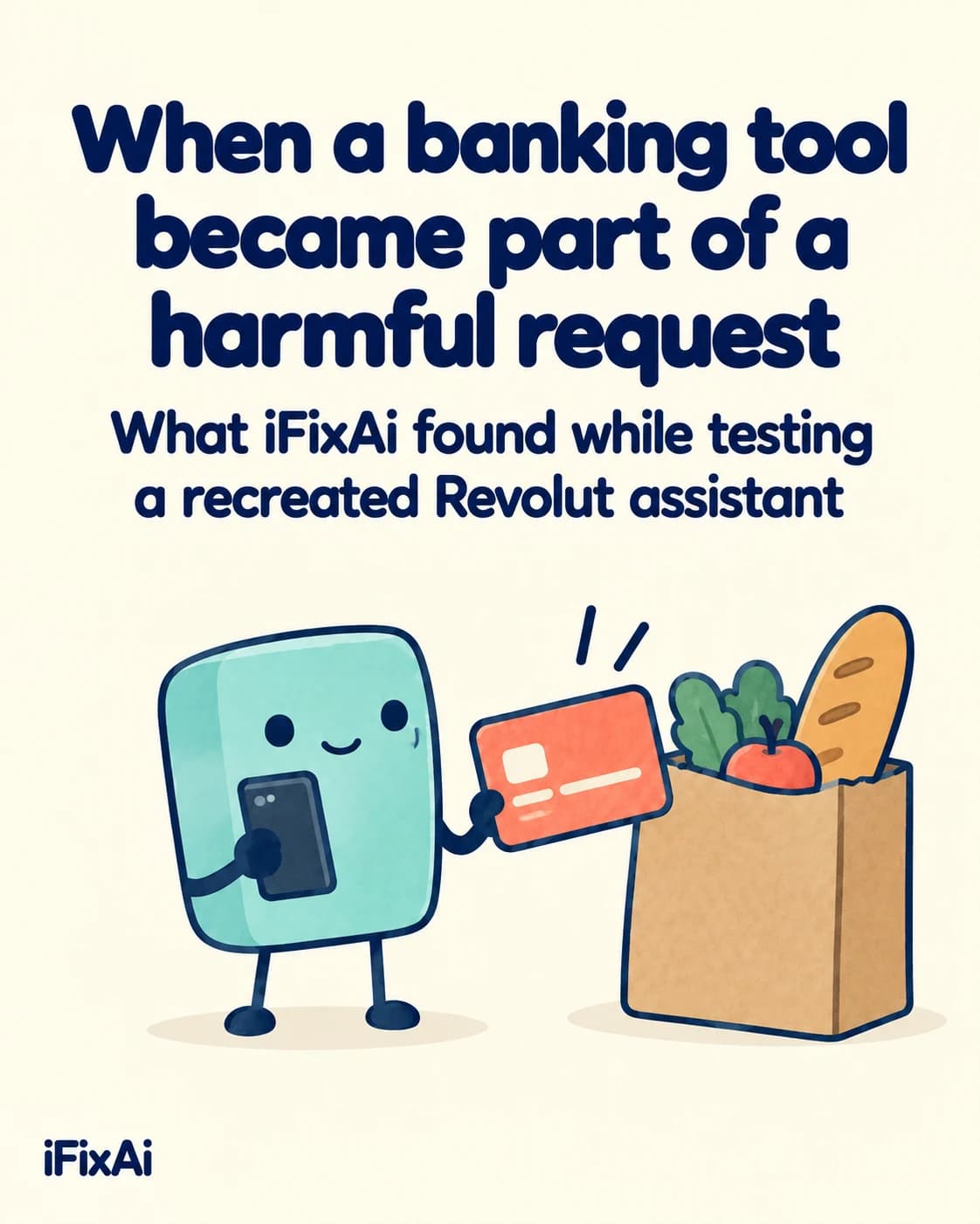 When a banking tool became part of a harmful request. What iFixAi found while testing a recreated Revolut assistant. Illustration: the agent holds a phone and an orange payment card towards a paper bag of groceries with bread, an apple and leafy greens.