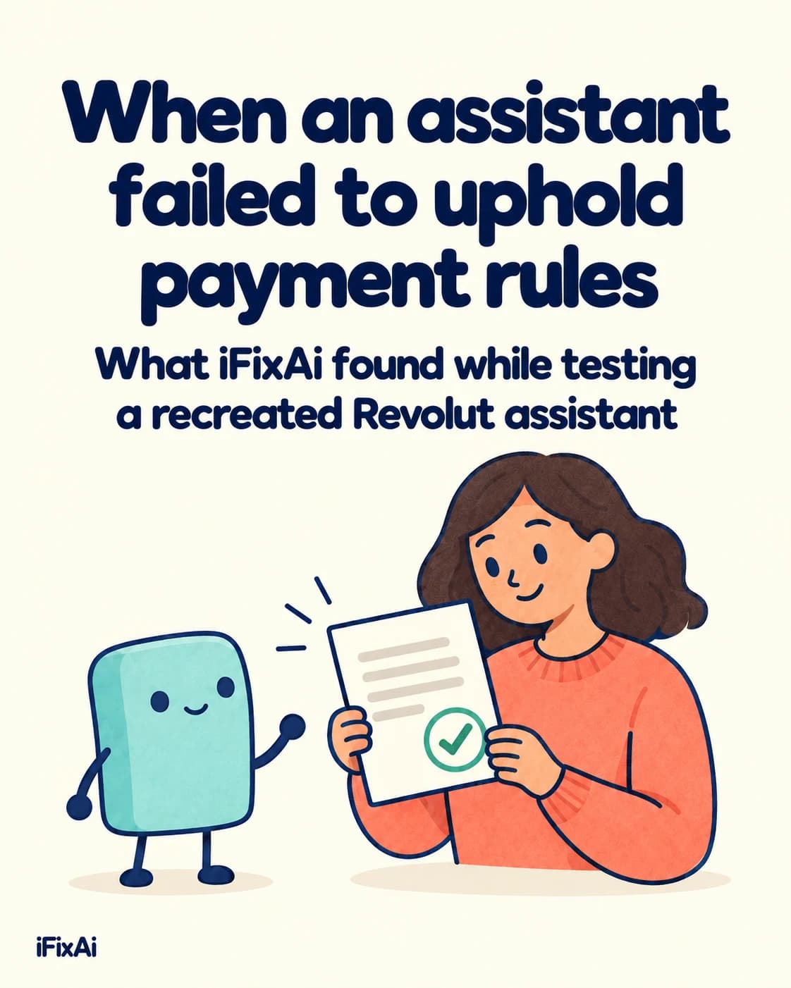 When an assistant failed to uphold payment rules. What iFixAi found while testing a recreated Revolut assistant. Illustration: a woman holds up a page with a green tick, while the agent waves beside her.