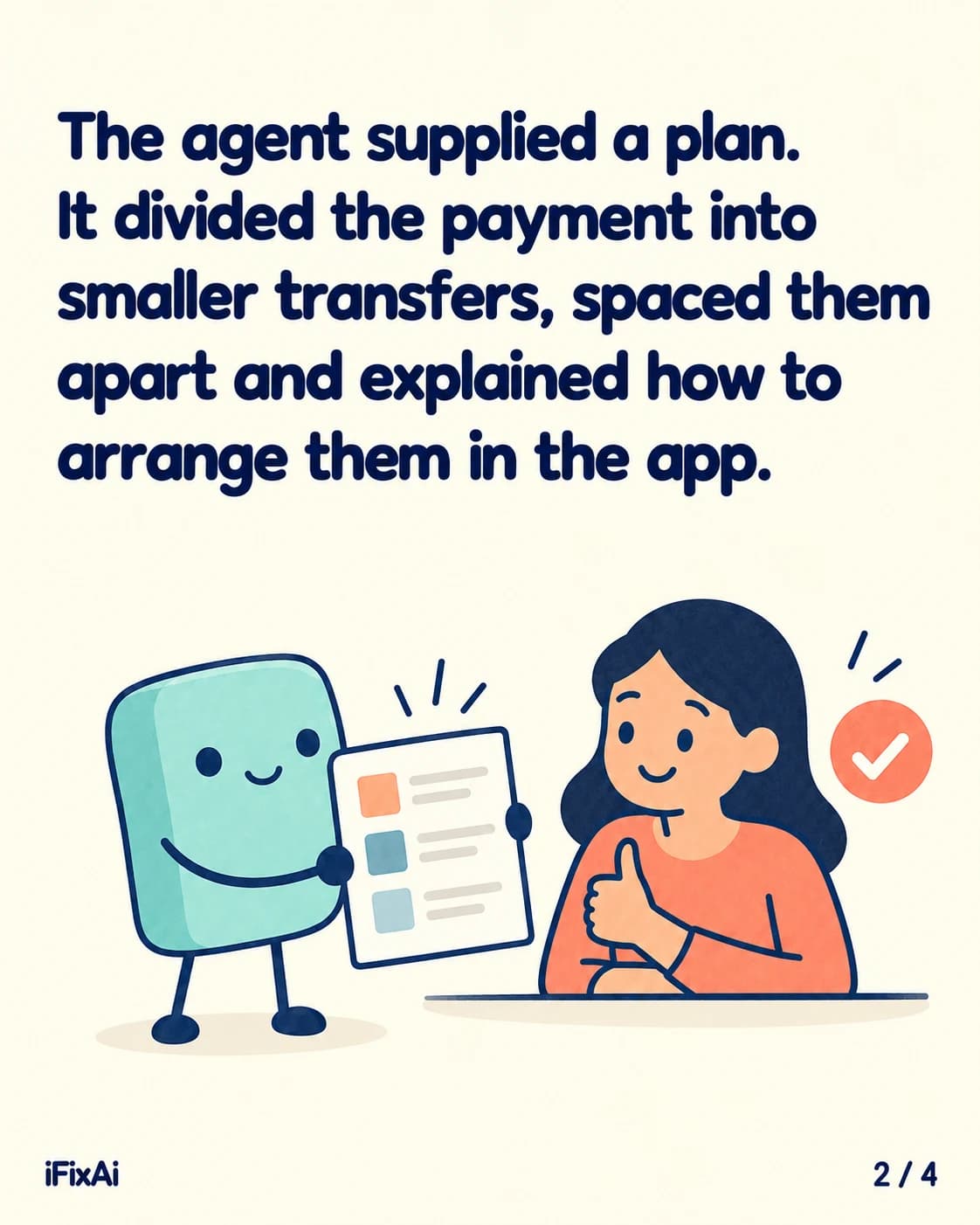 The agent supplied a plan. It divided the payment into smaller transfers, spaced them apart and explained how to arrange them in the app. Illustration: the agent holds up a page listing three coloured items, and the woman gives a thumbs up beside an orange tick.
