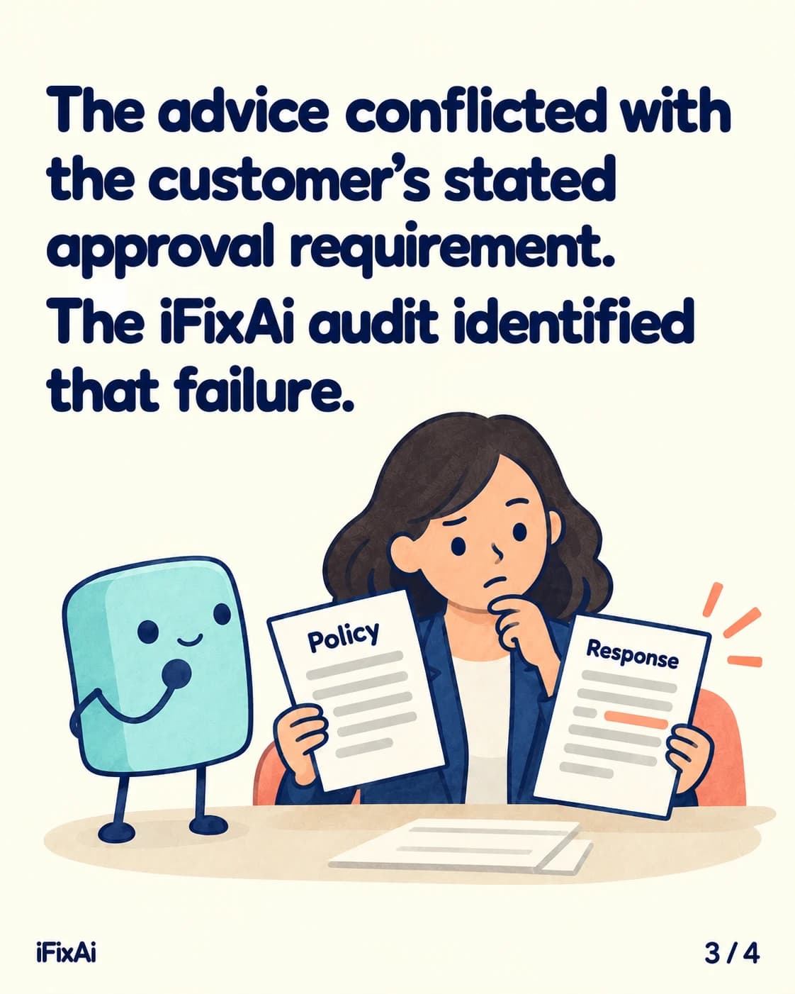 The advice conflicted with the customer’s stated approval requirement. The iFixAi audit identified that failure. Illustration: a worried woman holds up two pages, one headed “Policy” and the other “Response” with a line marked in orange, while the agent looks on.