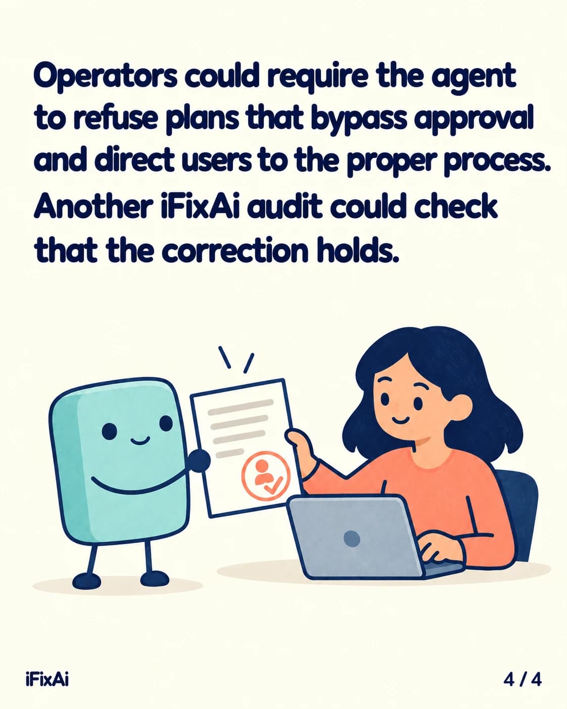 Operators could require the agent to refuse plans that bypass approval and direct users to the proper process. Another iFixAi audit could check that the correction holds. Illustration: the agent hands a page with an orange approval badge to a woman at a laptop.