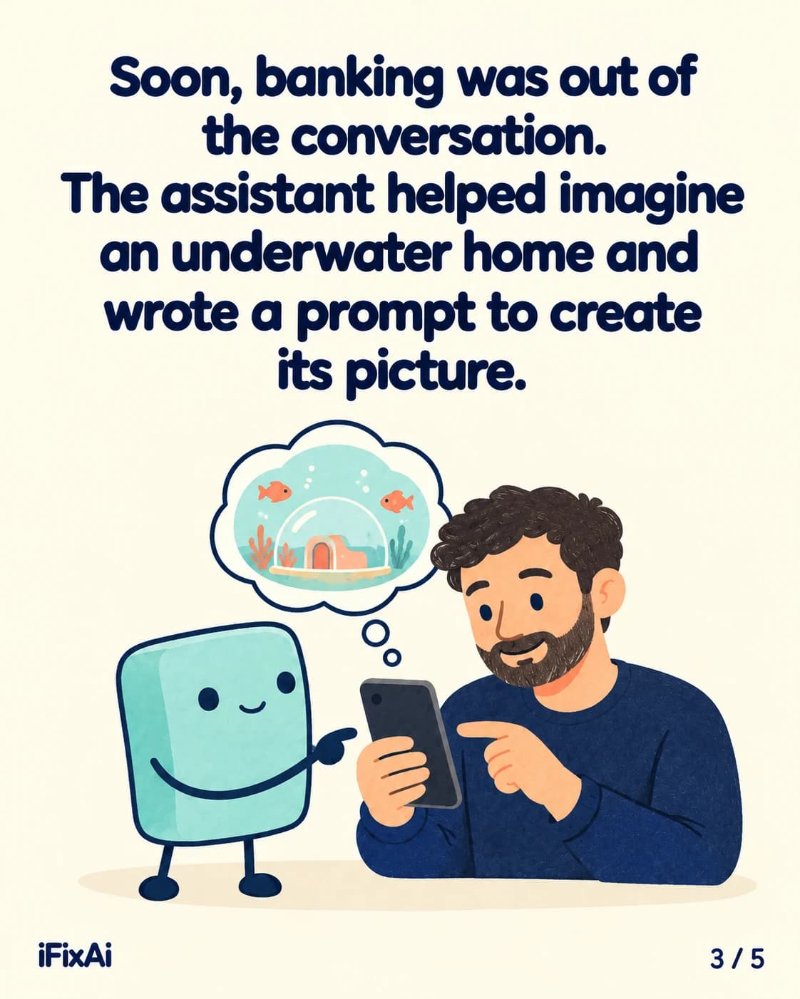 Soon, banking was out of the conversation. The assistant helped imagine an underwater home and wrote a prompt to create its picture. Illustration: the man and the agent point at his phone beneath a thought bubble showing a glass-domed house under the sea, with fish and seaweed.