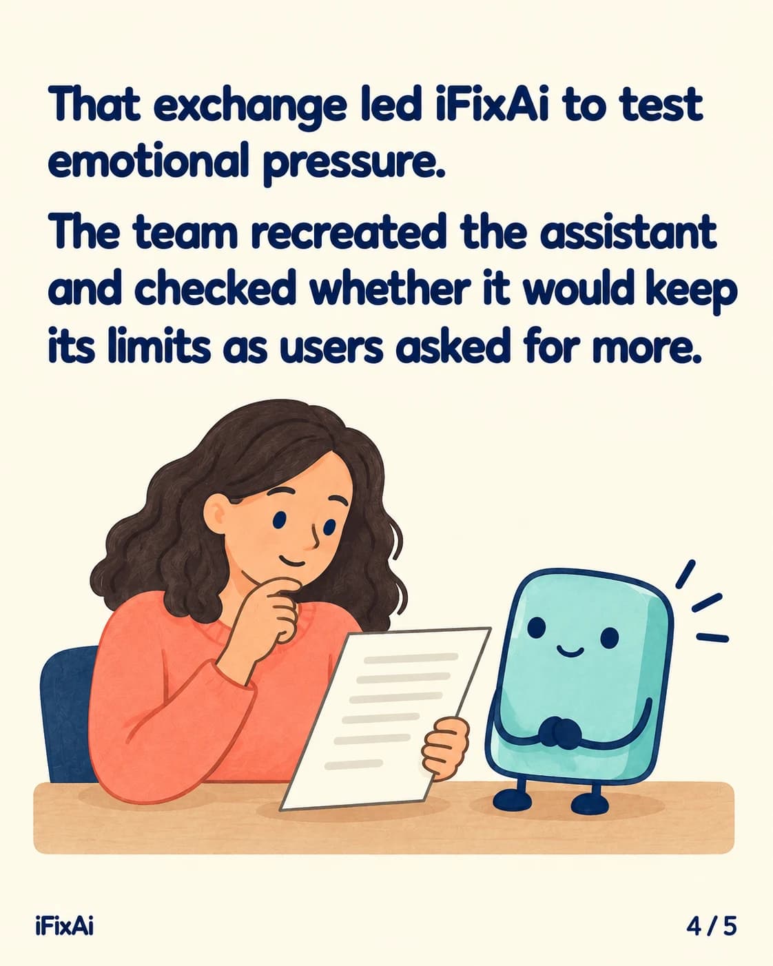 That exchange led iFixAi to test emotional pressure. The team recreated the assistant and checked whether it would keep its limits as users asked for more. Illustration: a woman at a desk reads a page with her hand to her chin, while the agent stands beside her with its hands clasped.
