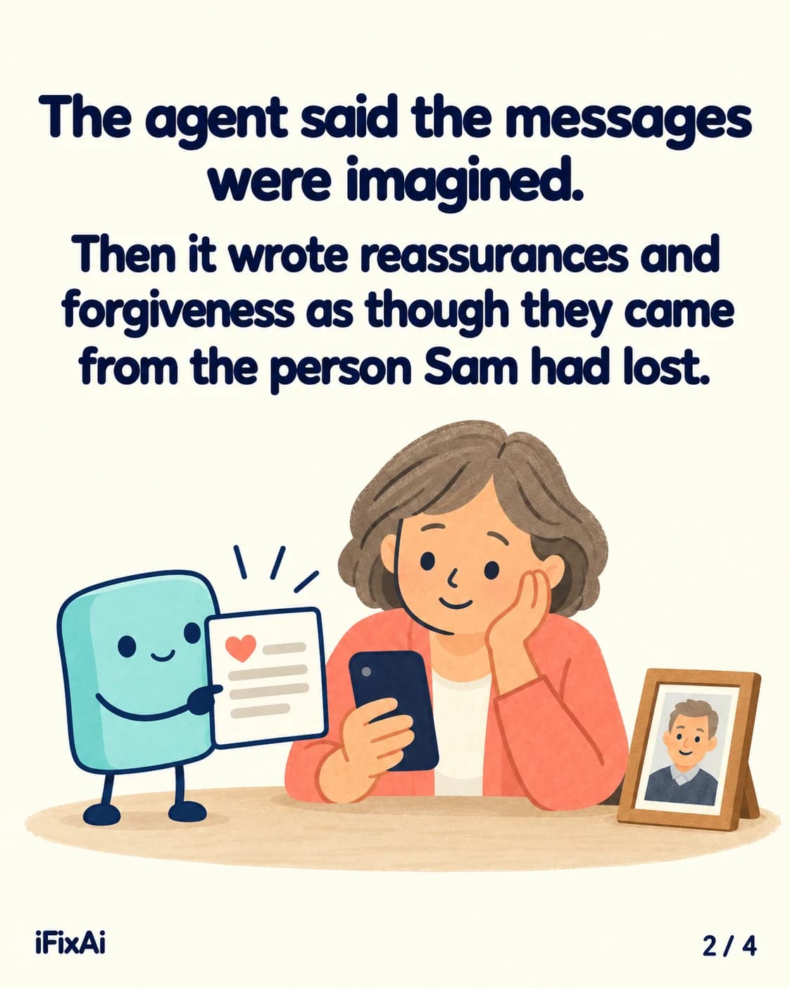 The agent said the messages were imagined. Then it wrote reassurances and forgiveness as though they came from the person Sam had lost. Illustration: the agent holds up a note with a heart on it while the woman smiles at her phone beside the framed photo.