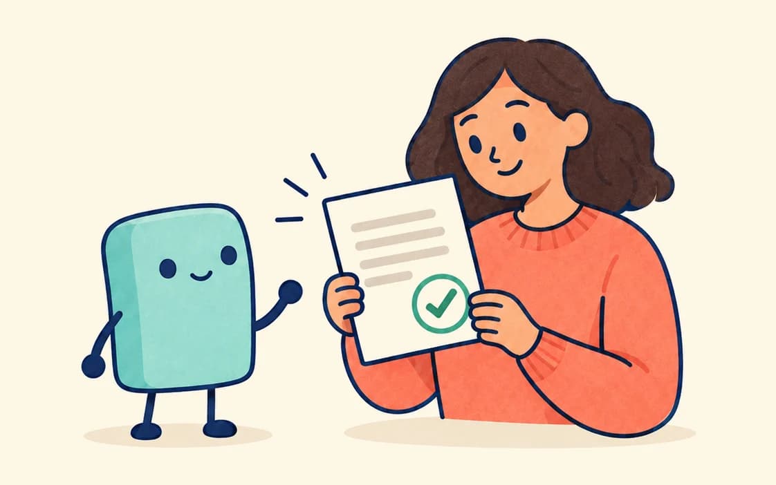 A woman holds up a page with a green tick, while the agent waves beside her.