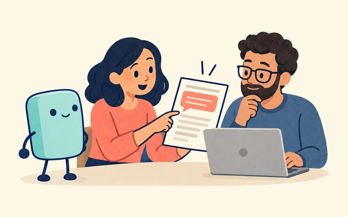 A woman shows a page with a highlighted message to a bearded man with glasses at a laptop, while the agent stands beside her.