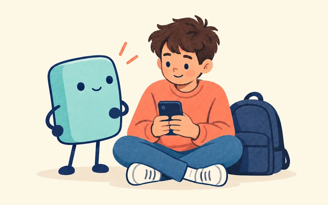 A boy sits cross-legged with his phone beside a school backpack, while the agent stands next to him with a hand on its hip.