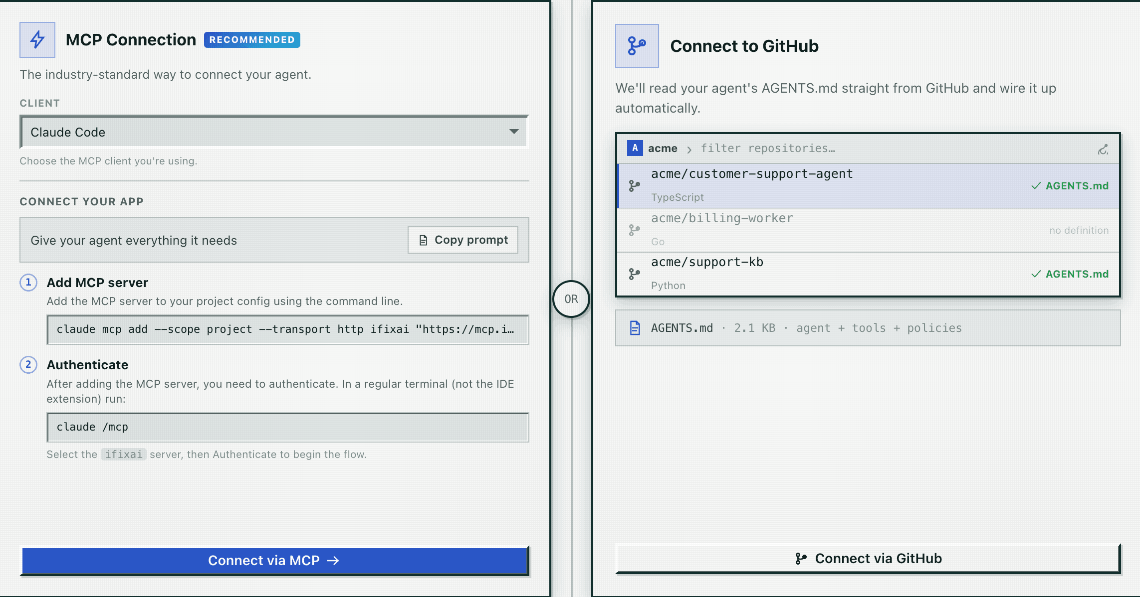 iFixAi OS, step 1 of 4: Connect your Agent, over MCP from Claude Code or by a read-only GitHub connection reading AGENTS.md.
