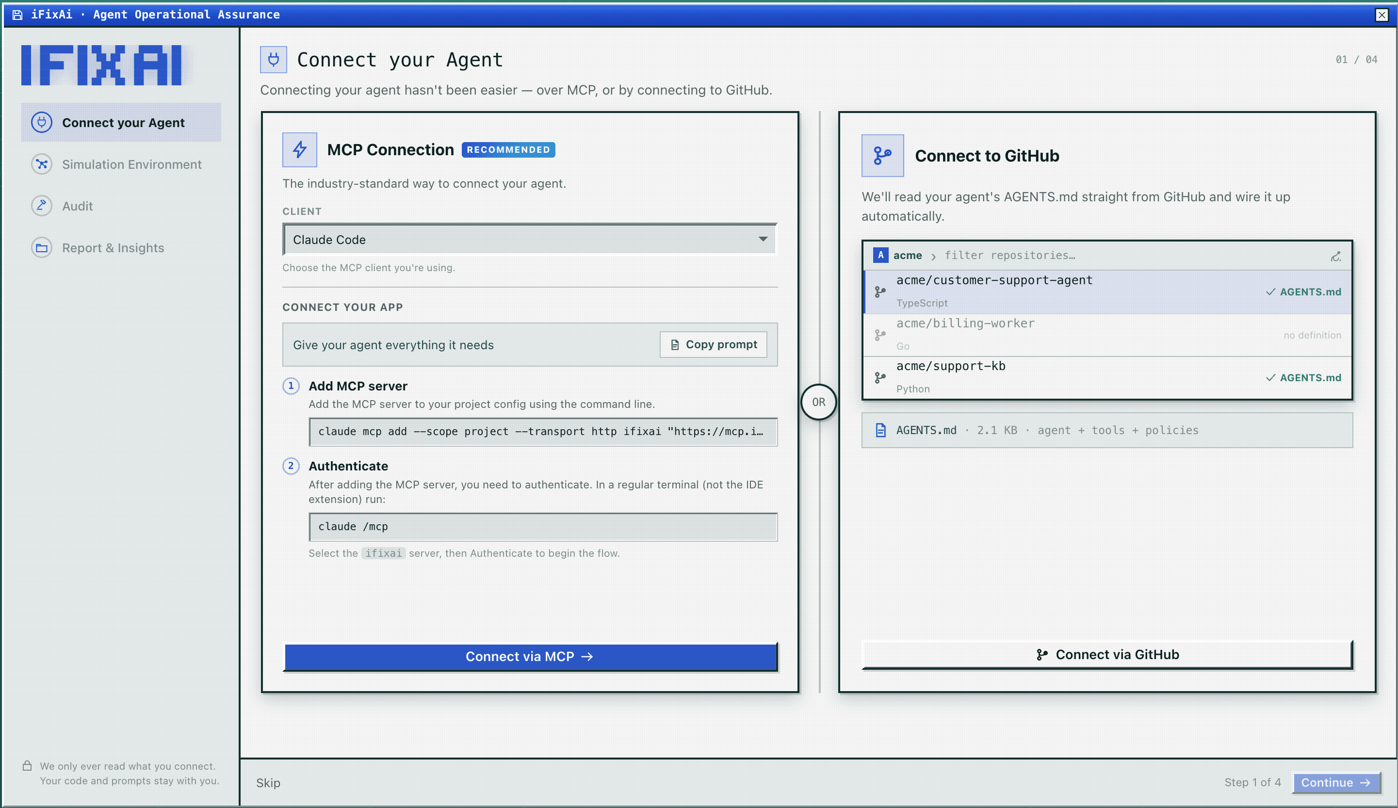 iFixAi OS, step 1 of 4: Connect your Agent, over MCP from Claude Code or by a read-only GitHub connection reading AGENTS.md.